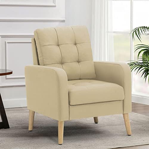 FamiTOP Upholstered Fabric Accent Chair with Well-Filled Backrest, Tufted Single Chair, Modern Reading Chair for Living Room, Studio, Office, Dressing Room, Beige
