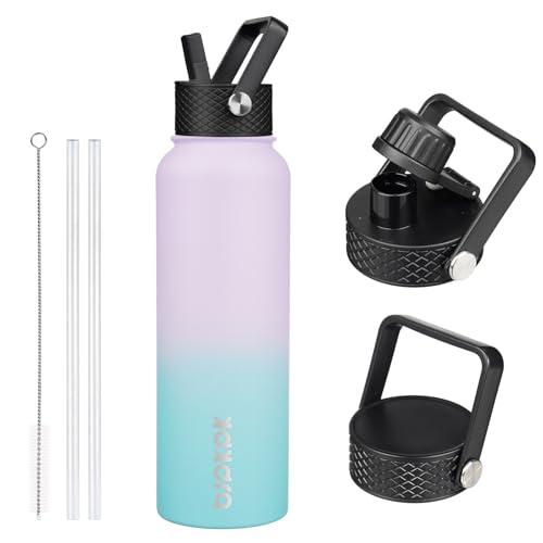 Image of BJPKPK Insulated Water Bottles with Straw Lid, 40oz Stainless Steel Water Bottles with 3 Lids, BPA Free Leakproof Thermo, Tumblers, Cups for Sports, Gym- Lavender Green