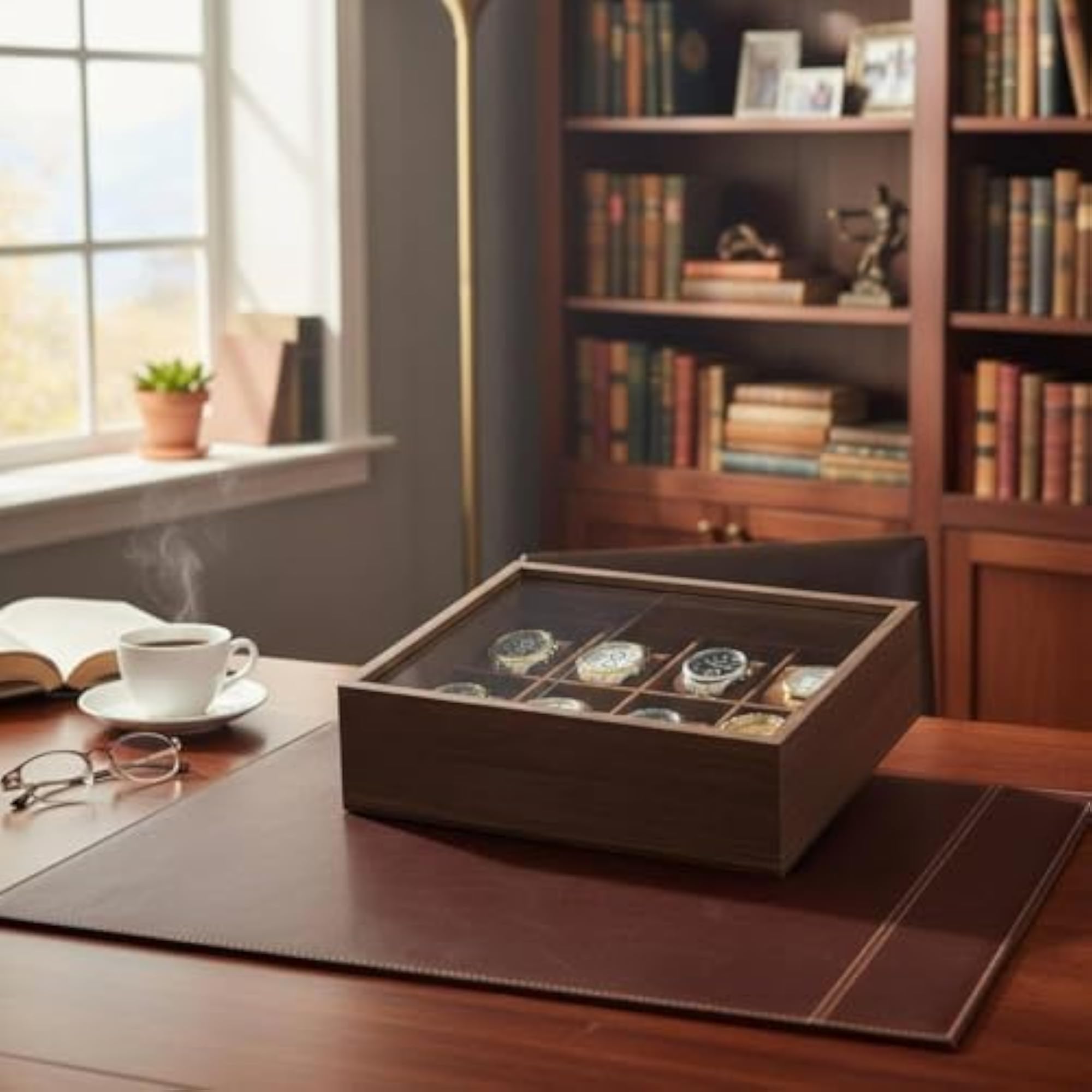 Wooden Watch Display Case with 10 Slots, Sliding Lid