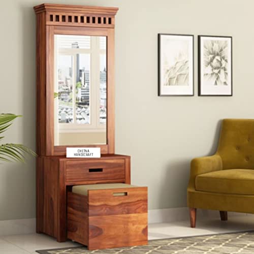 Image of Solid Wood Wooden Dressing Table For Bedroom With 2 Drawer, Mirror And Huge Storage Space With Stool | Long Dresser Table With Mirror | (Casual-Style-01) - Yellow