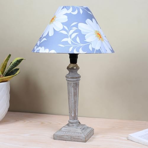 Image of tu casa Hand Carved Equine Mangowood Table Lamp for Home Decoration, Bedroom, Living Room, Lounge, Office, Festival Gifting, Study Table (Narcissue Floral Print with Satin Shade) H - 15 inch / No Blub