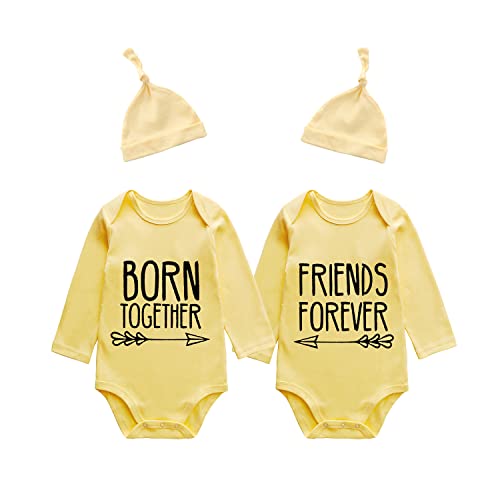 Image of YSCULBUTOL Baby Twins Bodysuits Best Friends Forever Baby Clothes Set with Bibs Girl Outfit with hat