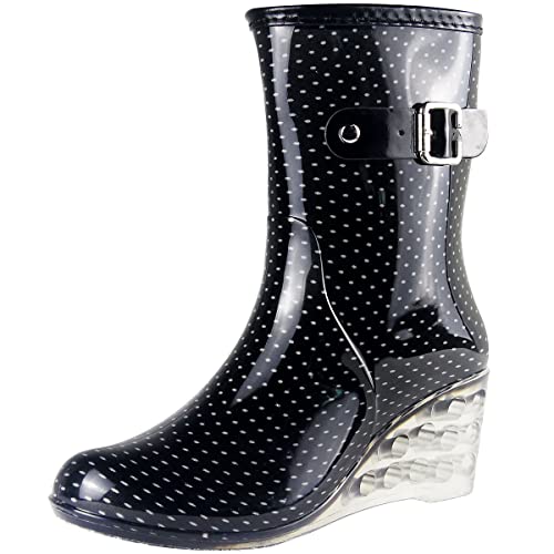 wealsex Mujer Cuñas Moda Botas De Lluvia Transparente Zapatos De Agua Cremallera Lateral Antideslizantes Impermeable (Negro-2, EU 35=etiqueta 36