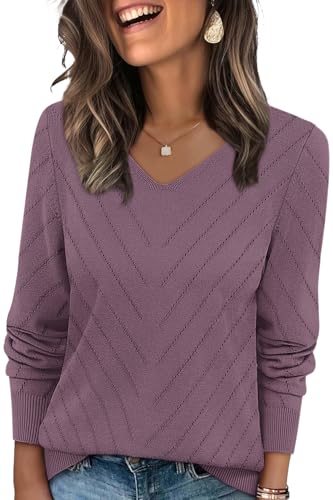 WIHOLL Sweaters for Women Trendy Fall Fashion 2025 Casual V Neck Long Sleeve Tops Crochet Knit Vacation Office Teachers School Outfits Cute Winter Clothing Pullover Grey Purple L