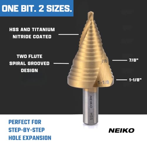 Image of NEIKO 10627A Step Drill Bit, 2 Steps 7 /8 inch to 1-1 /8 inch Spiral High Speed Steel, Titanium Nitride Coated, 3 /8 inch Tri-Flat Step Bits for Steel, Metal, Wood, Plastic, Unibit Cone Drill Bits, Two Flute