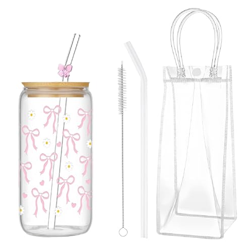 Iced Coffee Cups Set, 16 Oz Glass Cups with Lids and Straws Iced Coffee Glasses Pink Flower Bow Cute Glass Cup with Lid and Straw Aesthetic Iced Latte Glass and Straw for Iced Bubble Tea Water