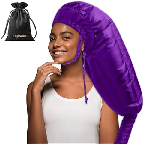Ingeware Bonnet Hair Dryer Attachment - Extra Large Adjustable Deep Conditioning Cap for Natural Curly Hair (Purple, Waterproof Fabric, Hair Dryer Bonnet) Cover