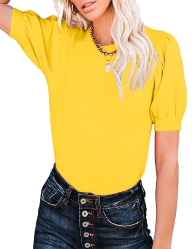 Image of Womens Puff Short Sleeve Sweater Tops Crewneck Basic Knit Pullover Lightweight Casual Sweaters