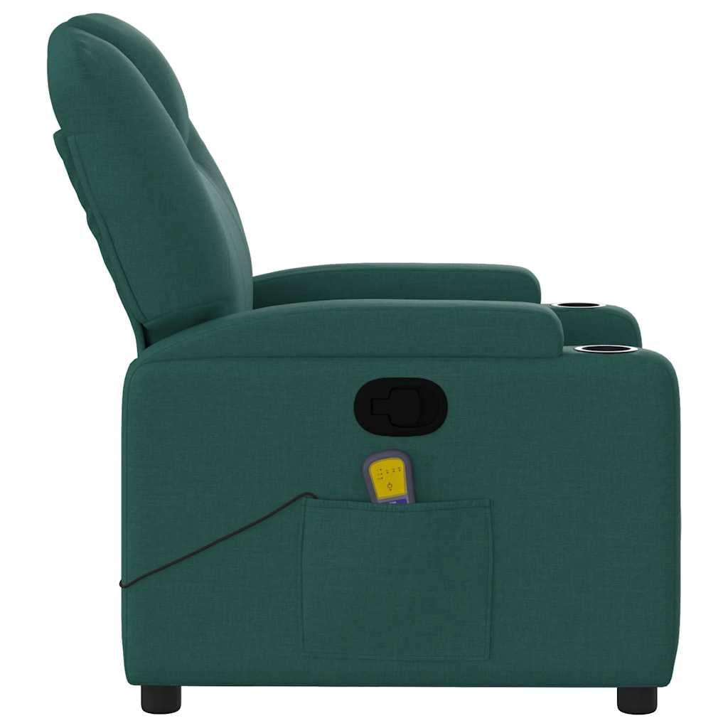 Sillón de masaje de tela verde oscuro con función reclinable manual y 6 puntos de masaje, función de vibración, control manual, soporte para bebidas, bolsillo lateral, madera, marco de metal