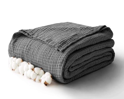 Image of 100% Cotton Muslin Blanket Twin 66 inch x 90 inch, Breathable and Lightweight Cotton Twin Blankets for Couch, Soft Cooling Summer Gauze Blanket for Adults All Season, Charcoal Grey