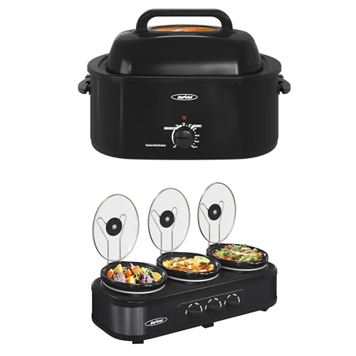 Sunvivi Roaster Oven and Slow Cooker, Turkey Roaster 24 QT with Unique Defrost/Warm Function,Black, 3 Pot Small Mini Crock Buffet Server and Warmer,Black