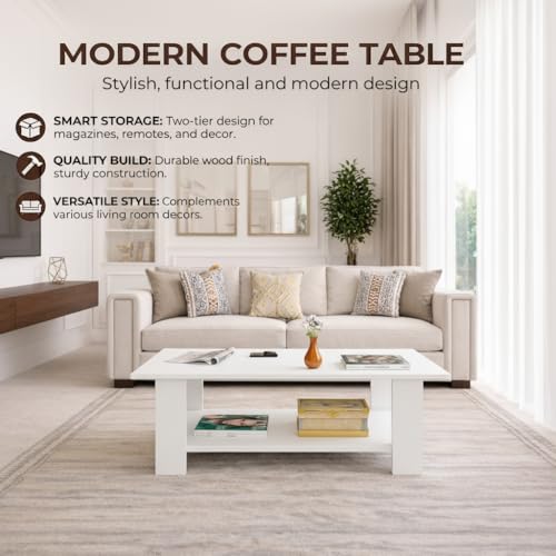 Image of Spyder Craft Modern Coffee Table with Open Storage Shelf - Minimalist Rectangular Center Table for Living Room, Office, and Lounge - Durable Engineered Wood, Easy Assembly (White) (Assembly -DIY)