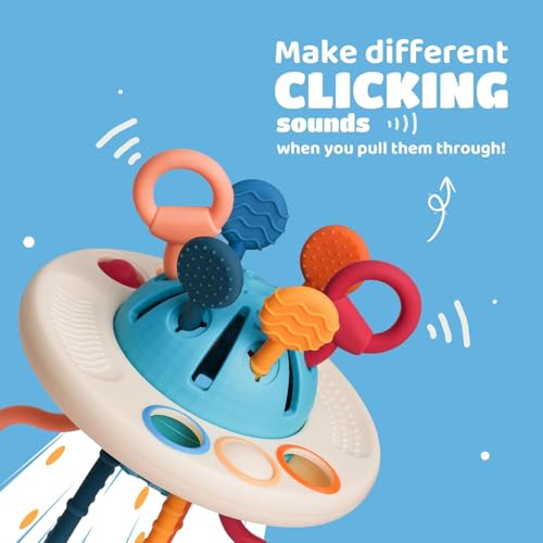 Image of Pull String Sensory Toy for Toddlers | Teething Toy for Babies 6+ Months | Montessori Fine Motor Skills | Food Grade Silicone | UFO Shape | Gift for Baby Boy Girl Toddler (UFO), Blue