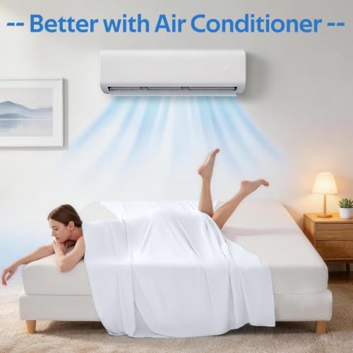 Image of Cooling Comforter Queen Size Set 4 Pieces, Summer Blanket with Dual-Sided Cool Tech, Deep Pocket Fitted Sheet Fits Up to 18 inch, Q-Max>0.55 Thin Comforter for Hot Sleepers, with 2 Pillowcases, White