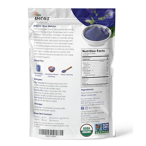 INCAS 100% USDA Organic Butterfly Pea Flower Powder (4 Ounce) | Organic Blue Matcha Tea | Non-GMO Verified Extract from Thailand | Natural Blue Food Coloring | Adaptogenic Raw Culinary | Vegan