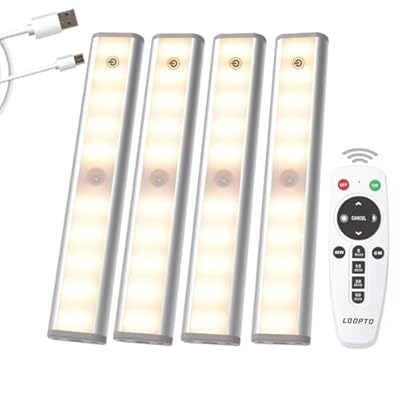 Under Cabinet Lights Wireless with Remote, USB Rechargeable LED Under Cabinet Lighting Closet Battery Operated Lights Without Wiring Night Light for Stairs, Wardrobe, Kitchen 4Pack, 3 Colors