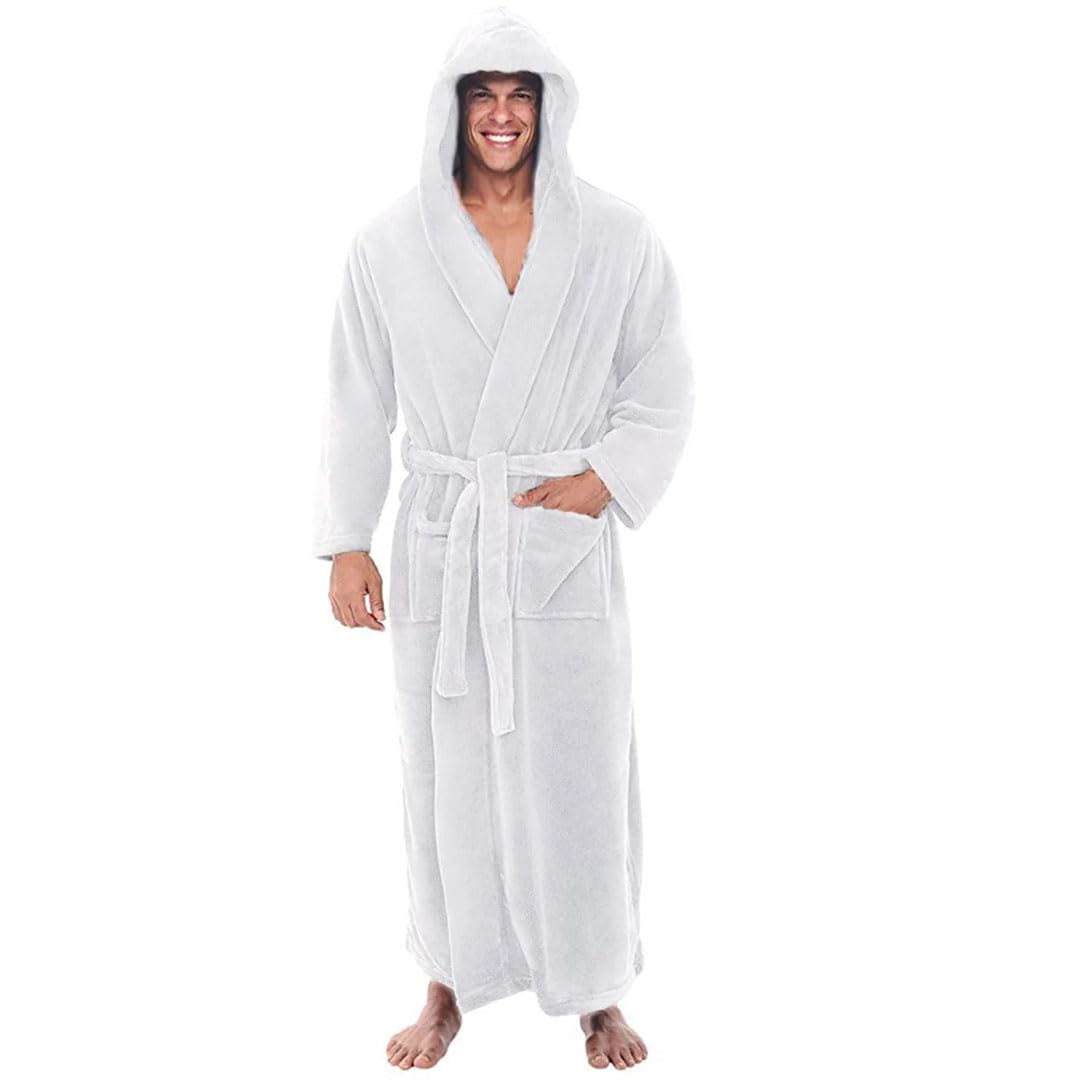 Albornoz acogedor para hombre hasta la rodilla de felpa bata de invierno manga larga cálido alargado chal de felpa bata de baño blanco XL, blanco, XL