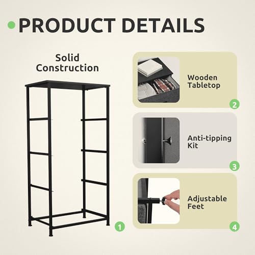 GOOBED Storage Tower with 4 Drawers - Fabric Dresser, Organizer Unit for Living Room, Closets - Sturdy Steel Frame, Easy Pull Fabric Bins & Wooden Top