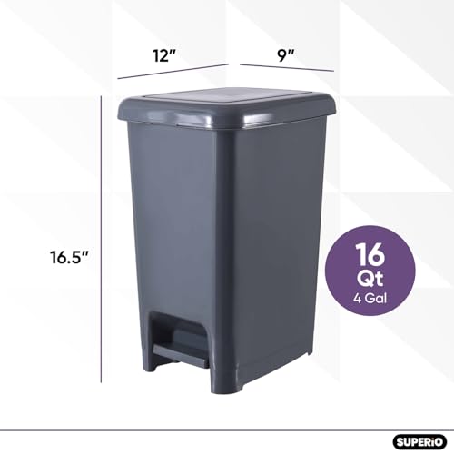 Image of Superio Slim Trash Can with Foot Pedal - 4 Gallon Plastic Step-On Trash Can with Lid, Garbage Can, Small Trash Can for Bathroom, Kitchen, Office, Bedroom, Dorm Room - Onyx Grey, 3