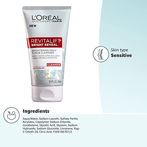 L'Oreal Paris Skincare Revitalift Bright Reveal Facial Cleanser with Glycolic Acid, Anti-Aging Daily Face Cleanser to Exfoliate Dullness and Brighten Skin, 5 Fl Oz (Pack of 1)