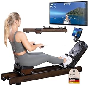 Skandika Rudergerät Rovek | Rudermaschine Holz, Rudergerät für Zuhause klappbar, Magnetwiderstand mit 32 Stufen, Kinomap App kompatibel, aufstellbar, bis 195 cm (Dunkelbraun)