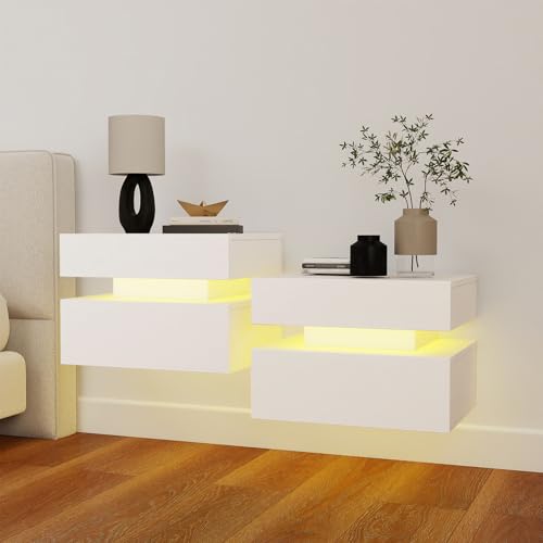 Floating Nightstand Set of 2, Wall Mounted Night Stand with Led Lights, Modern Bedside Tables with Drawers for Bedroom, Easy Assembly