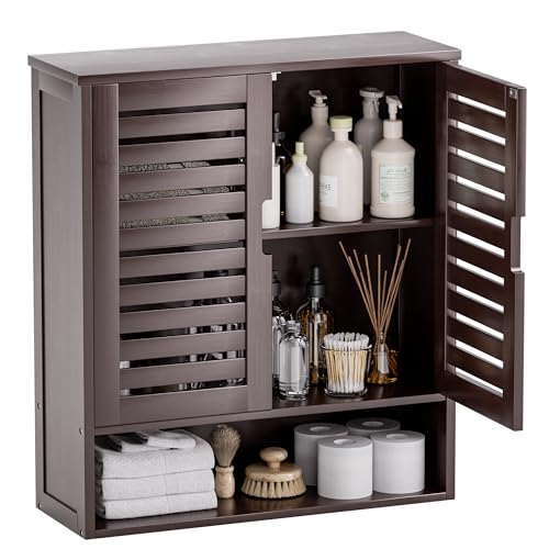 Smibuy Armario De Baño Montado En La Pared, Organizador De Bambú Para Almacenaje Sobre El Inodoro, Botiquín Ahorrador De Espacio Con 2 Puertas Y Estantes Ajustables Marrón Oscuro
