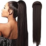 Ponytail Extensions Braun Clip in Haarteil Pferdeschwanz Extension Lang Glatt Haarverlängerunge Verlängerung Kunsthaar Natürliches Zopf Magic Paste Wrap Around Ponytail Hairpiece Dunkelbraun 70cm 081B