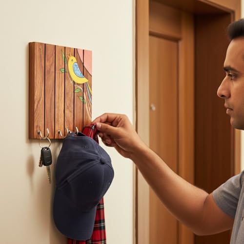 Image of Aakriti Art Creations Key Holder, Robin Hand Painted Wooden Key Holder with Bird Design | Rustic Akasia Wood Wall Organizer with 5 Hooks | Storage Shelf For Keys, Hats | Multifunctional Entryway Decor