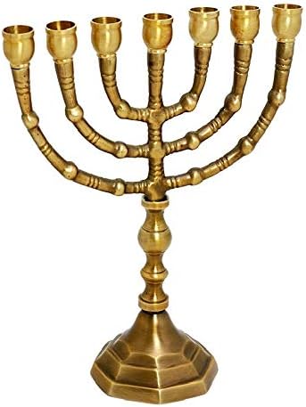Traditional 7-Branch Menorah - Solid Brass Antique Gold Finish - 8" Tall Jewish Temple Candelabra