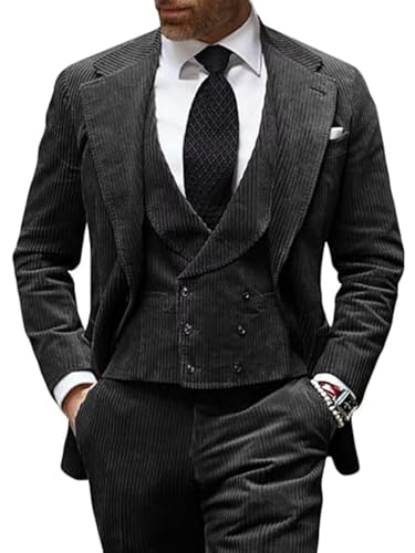 Suit for Men Corduroy Double Breasted 3 Piece Regular Fit Casual Set,Blazer Vest and Pants for Male