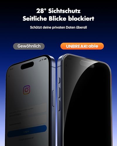 UNBREAKcable Panzer Sichtschutz Glas Kompatibel für iPhone 17 Pro (6,3 Zoll) Blickschutzfolie Privacy Screen mit Anti Spy, Kratzfest, Anti-Fingerprint und blasenfrei - 2 Stück 3
