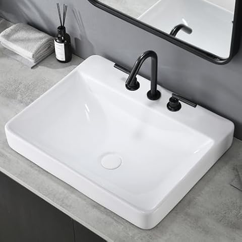 VESLA HOME 23 x 18 inch Large Rectangular Porcelain Ceramic Drop in Bathroom Vessel Sink,Modern Above Counter Basin for Lavatory Vanity Cabinet Cover