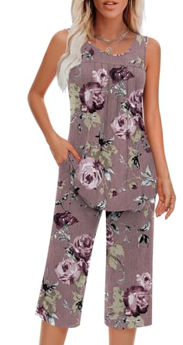 Image of Findsweet Women Pajamas Sets Loungewear Soft Sleepwear Two Piece Summer Sleeveless Pjs Tank Top Pants with Pocket S-4XL