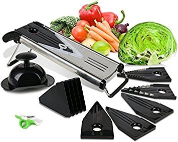 Mandoline V-Blade Slicer / Premium Slicing Mandoline for Fruit and Vegetables with 5 different blade inserts with free finger peeler by NOSH Kitchen