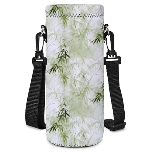 AORTDES Neoprene 1000ML/1L Water Bottle Bag Carrier, Portable Insulated Bottle Sling Holder Case Pouch with Adjustable Shoulder Strap for Men Women Walking Hiking Running (Bamboo Forest)
