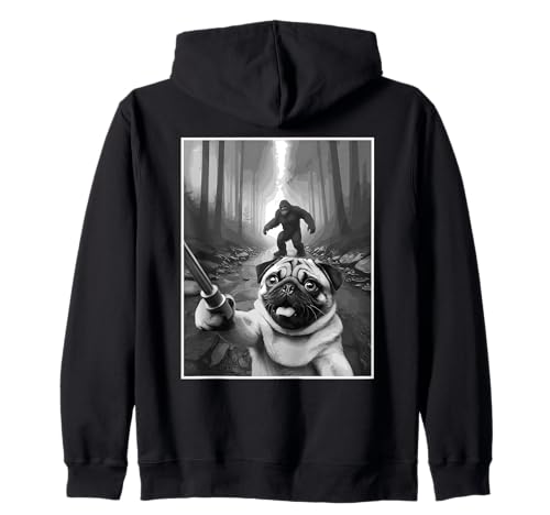 Pug Selfie Con Sasquatch En Bosque Humor Animal Bigfoot Sudadera con Capucha