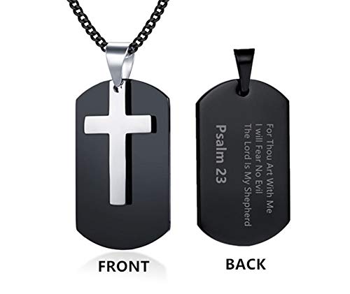 LiFashion LF Mens Stainless Steel 2 Tone Cross Dog Tag Necklace,Psalm 23 Bible Verse Scripture Pendant Necklace for Boyfriend,Husband,Dad,Son for Christmas,Baptism,Birthday Gift