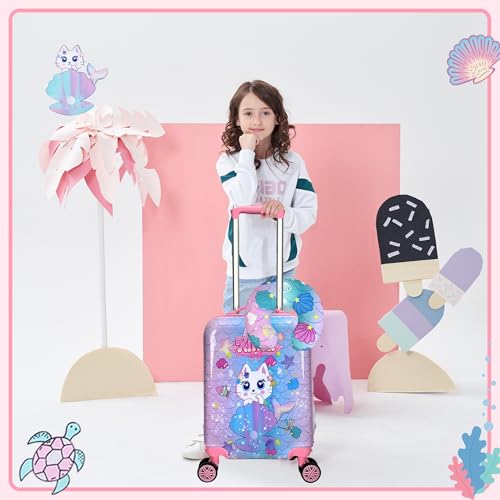 Image of Cute Cat Kid's Luggage Set: 2 Piece Hardside Spinner Wheels Suitcase Set, 16' Airline Approved, Pink Cat Pattern, Ages 5+