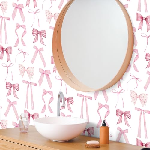 Nuanchu Pink Bow Coquette Wallpaper 15.75 x 118 in Bow Ribbons Peel and Stick Wallpaper Trendy Preppy Back to School Decor Removable Feminine Ballet Girly Adhesive Room Decor by Nuanchu - Image 6