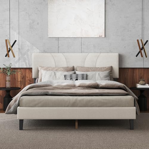 EVLIQUIL Solid Rubber Wood Platform Bed Frame, with Adjustable Headboard,