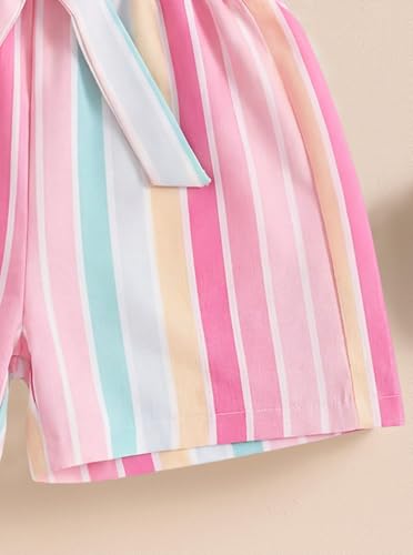 Image of Girls 2 Piece Outfits Summer Ruffle Sleeve Top and High Waisted Striped Shorts Set for Girls 7-14