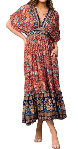 Image of R.Vivimos Women's Boho Floral Print Midi Dress with Pockets
