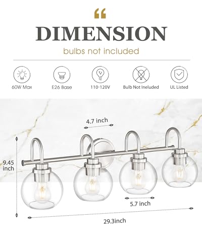 Image of Bathroom Light Fixtures, 4-Light Brushed Nickel Vanity Lights Over Mirror with Globe Clear Glass, 30 Inch Modern Vanity Lighting Fixtures, AD-22280-4W-SN
