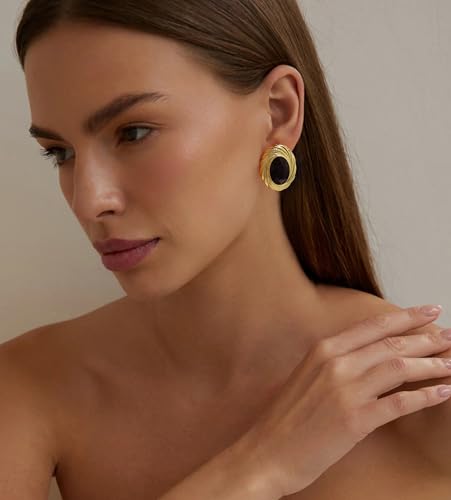 Chunky Gold Geometric Stud Earrings Trendy Vintage 14K Gold Plated Black Cubic Zirconia Statement Cocktail Earrings Dupes Jewelry for Women3