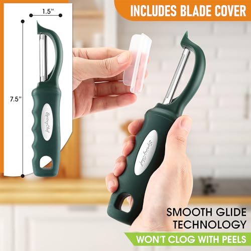 Spring Chef Premium Swivel Vegetable Peelers for Kitchen, Stainless Steel Apple Peelers with Soft Grip Handle and Sharp Blades, Perfect for Potato, Carrot, Mango, Cucumber - Set of 2 - Pine Green