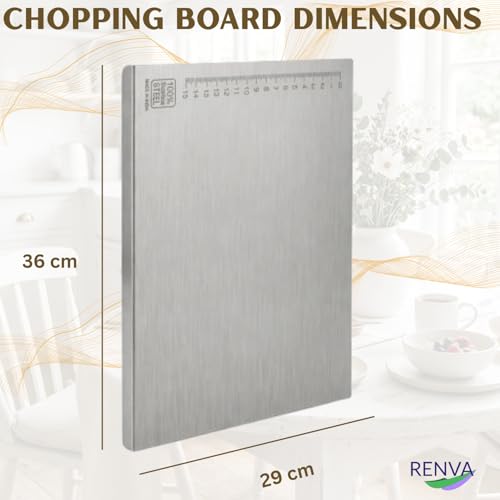 Image of RENVA Food Grade Stainless Steel Cutting Board with Lip, Metal Chopping Board for Meat, Fruits, Vegetables, Bread, and Baking 36x29cm(36x29 cm Silver)