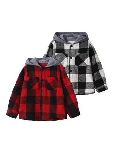 2 PC Boys Flannel Plaid Shirt Button Down Plaid Shirts Hooded Top Fall Coats 4-12Y
