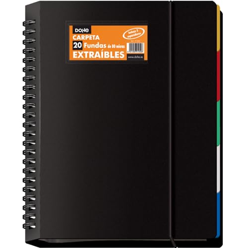 Dohe - Cartella con 20 buste rimovibili - A4 (25 x 31 cm), anelli a disco, 5 divisori colorati, chiusura in gomma elastica - materiali per ufficio e scuola