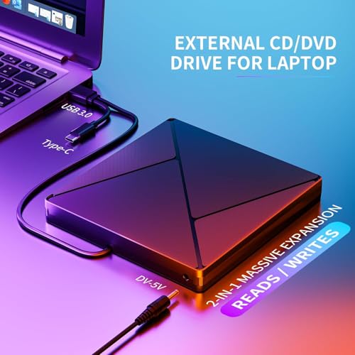 Image of DVD Player for Laptop, External CD Drive for Mac, USB 3.0 USB C Portable CD Burner External Disk Drive, DVD Reader Writer ROM Drive Compatible with Laptop,Windows 10 /8 /7 Linux